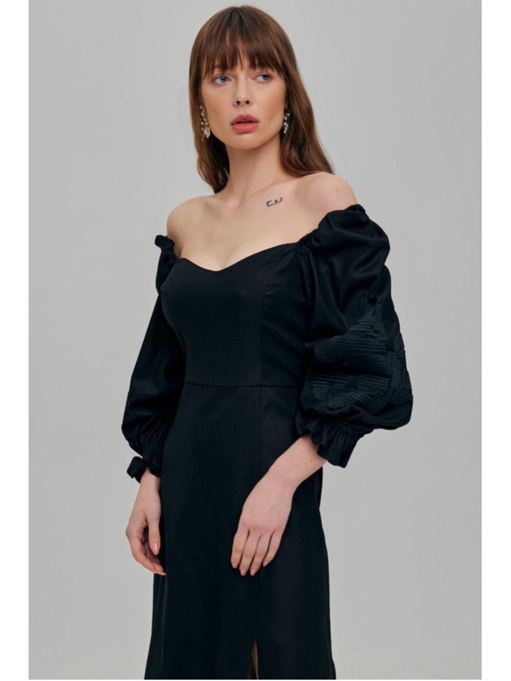 Designer Black Linen Midi Puff Sleeves Prom Cocktail Dress